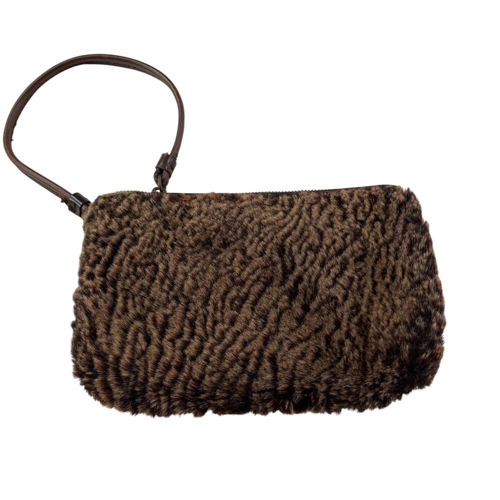 Patricia Nash Brown Genuine Leather Sheepskin Fur Wristlet Pouch Rustic